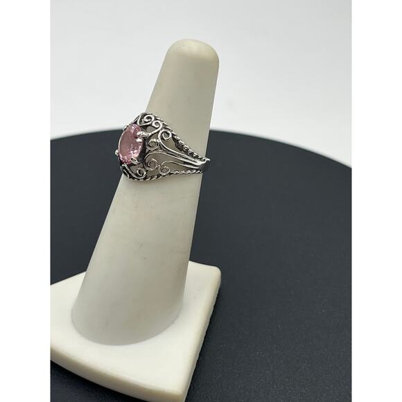 Sterling Silver Vintage Filigree Simulated Pink Sapphire Solitaire Ring 5.25 - Picture 2 of 14